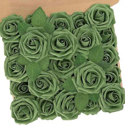 5/10/15/20/25/30 peças Rosas de Espuma Verde Artificial com Hastes, Adequadas para Buquês de Casamento DIY, Decoração de Chá de Panela, Decoração Floral Verde Oliva, Decoração Doméstica (Embalagem em Saco OPP, Sem Caixa)