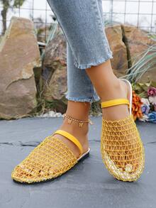 Fashionable Wide Mesh Woven Hollow Roman Sandals, Flat Round Toe Fisherman Slip-On Mules For Summer - Yellow - View 5