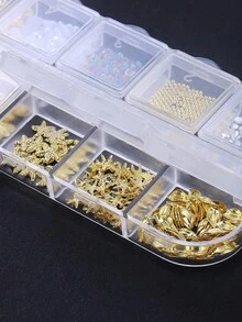 12格金属海洋主题夏季美甲装饰套装，合金材质，包含金色贝壳、海星、海马、极光、美人鱼、珍珠、钢珠、水钻美甲饰品，美甲沙龙DIY配件 - 彩色 - 查看 10
