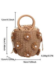 2026新款波西米亚珍珠花朵编织水桶包，手工藤编抽绳手提包，夏季海滩度假斜挎包，独特设计通勤包，百搭女士编织手提包 - 卡其色 - 查看 11