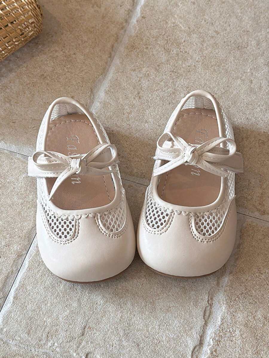 1雙女童蝴蝶結裝飾網布軟底平底鞋，女童/幼兒時尚鏤空涼鞋休閒風，新中式漢服鞋，春夏網布鏤空時尚駕駛樂福鞋