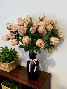 9pcs Artificial Pink Rose Flowers, 7pcs Rose Heads + Green Plastic Plants, Romantic Style Home Floral Gifts Suitable For Ladies, Mothers, Various Occasions, Includes Stamens, DIY, Party Favors, Bridesmaid Gifts, Home Decor, Dried Roses, Multi-Color Options, 7pcs Small Roses, Green Artificial Plants, Bohemian Autumn Farm Style Rose Bouquet, Valentine's Day Decorative Flowers - Pink - View 6