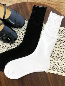 1/2 đôi tất cao đến đầu gối ren xếp ly dễ thương, đa năng, thích hợp cho mùa xuân/hè. - Nhiều màu - Xem 2