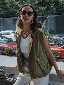 Women's Sleeveless Cargo Vest, Loose Zipper Pocket, Casual Outdoor Jacket - Army Green - View 8