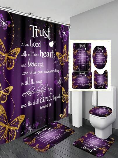 Bộ 4 món đồ trang trí phòng tắm họa tiết bướm tím, chất liệu sợi polyester, bao gồm 12 móc nhựa, thảm chống trượt, thảm chữ U cho bồn cầu, nắp bồn cầu, phụ kiện trang trí phòng tắm, vách ngăn bồn tắm và 4 rèm tắm. Phù hợp với nhiều phong cách trang trí nhà cửa. Món quà trang trí nhà cửa tinh tế và thiết thực, cần thiết cho mọi gia đình.