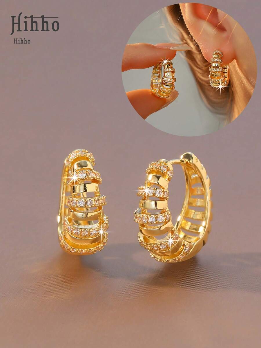 Hihho 1 Pair Layered Hoop Earrings, Fully Plated In Gold/Silver, European And American Luxury Style, Suitable For Daily, Dating, Party, Formal Events - Classic Hoop Earrings - View 1