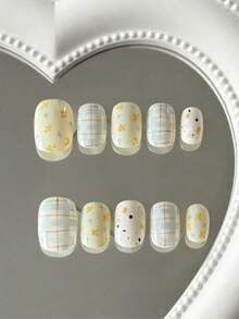 10pcs Square & Round Shaped Floral Plaid Nail Stickers, Fresh Countryside Style, Featuring Floral & Plaid Patterns, Hand-Painted Refreshing & Contrasting Craftsmanship, Suitable For Young Girls & Women, Applicable For Daily Commute, Picnic, Date And Gentle Gatherings, Comes With Jelly Gel And Nail File - Yellow - View 2