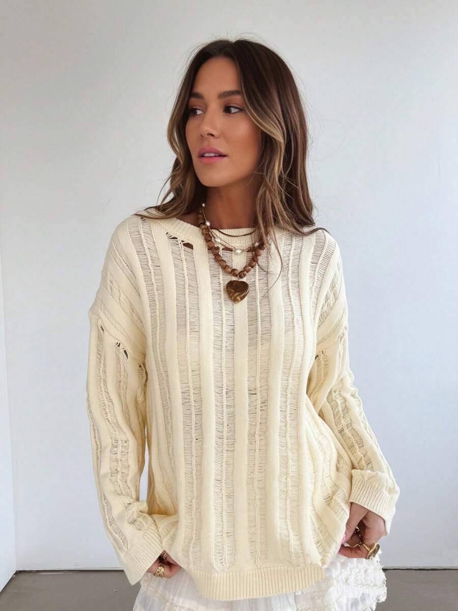 2026 Damen Frühling/Herbst eleganter einfarbiger minimalistischer strukturierter Strickpullover, lässiger Langarm-Pullover mit einzigartigem Hohlmuster-Design, geeignet für den täglichen Gebrauch, Outdoor, Zuhause und modische Anlässe - blassgelb - Übersicht 1