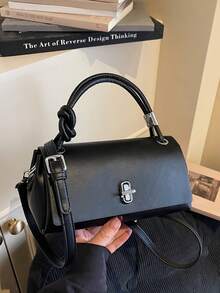 1pc Women's Solid Color PU Bucket Bag, Retro Style With Metal Decor And Twist Lock Closure, Suitable For Commuting, Shopping, And Gift - Black - View 6