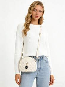 Túi đeo chéo màu be chần bông hình mèo dễ thương, túi chần bông, túi đeo vai mini Kawaii, túi đi làm hàng ngày cho nữ. - trắng - Xem 6