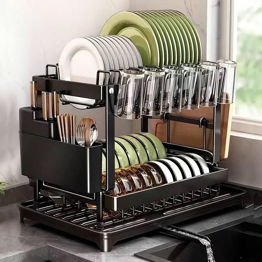2-Layer Bowl And Plate Rack, Draining Rack, Plate Storage Rack, Multi-Functional Bowl Rack, Stainless Steel Bowl Rack, Rust-Proof Kitchen Bowl And Dish Drying Rack, Kitchen Countertop Cup Rack, With Draining Board And Utensil Rack, Sturdy And Durable, Easy To Clean, Can Be Used To Store Plates, Cups And Knives, Kitchen Accessories, Kitchen Supplies, Kitchen Essentials, Suitable For Kitchen Countertop