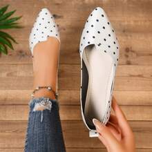 Zapatos de punta puntiaguda con escote en V con lunares, mocasines casuales de bajo empeine para mujer - Blanco - Ver 12