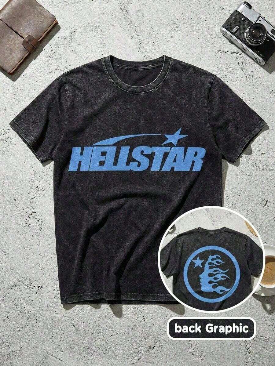 Blue Shooting Star Logo Graphic Tee Unisex Couple Matching Boyfriend Style Hell Star Double Sided Print Electric Color Y2K Aesthetic Acid Washed Cotton Graphic Tees Men Oversized T Shirt Summer Fits Camisetas Para Hombre,Mens Clothes,Graphic Tee,Summer Clothes,Summer Tops,Easter Fits,Spring Clothes ,Shirtssummer Outfits For Women O0LT - 黑色 3 - 查看 1
