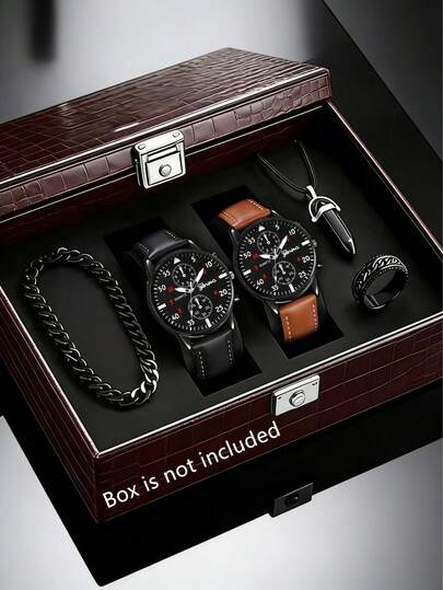 5件套男士时尚商务经典奢华石英表，搭配时尚吊坠项链、手链和戒指，适合男士日常佩戴，是毕业派对、校园活动或家庭聚会的理想之选，也是送给男士的完美毕业礼物和父亲节礼物。