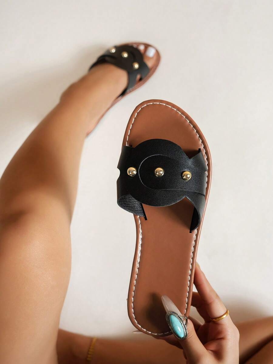 Women's Flat Sandals With Floral Pattern, Versatile Black Casual Open Toe Bowknot Slip-On Beach Slippers For Summer 2025 - Black - View 1
