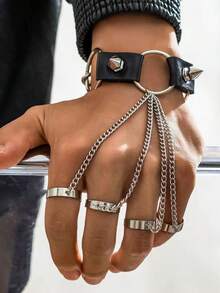 时尚个性指环手链朋克链条铆钉流苏戒指哥特链条嘻哈手链男士手饰 - 銀色 - 查看 6