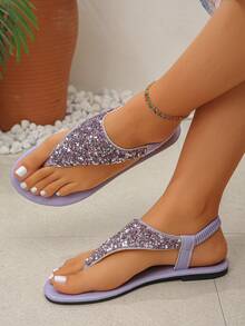 Plus Size Solid Color Sequin Thong Flat Sandals, Fashionable Shiny Purple Bottom Purple Sequin Sandals For Spring/Summer, Elegant Versatile Daily Wear & Outdoor, Mother's Day Gift - Light Purple Base With Purple Glitter - View 3
