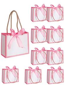 Set de 10 bolsas de regalo pequeñas con asas, bolsas mini blancas, tamaño 14x6.5x12 cm, bolsas de regalo pequeñas al por mayor con cintas, adecuadas para recuerdos de fiestas, Día de la Madre, recuerdos, bodas, baby showers (blanco y rosa) - Bordes rosas + cinta de abanico - Ver 12