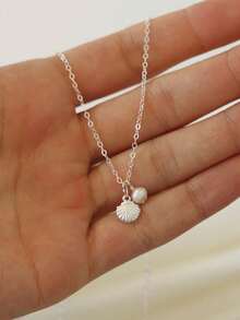 1pc 14k Gold Plated & Silver Fashion Minimalist Women's Beach Necklace With Shell & Pearl, Suitable For Women/Girls Daily Wear And Gift - 金色 - 查看 1