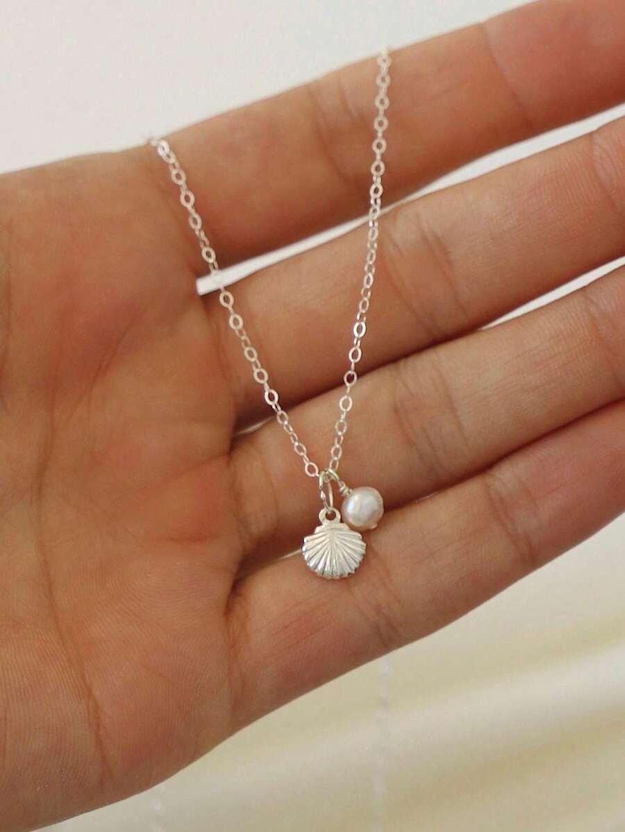 1pc 14k Gold Plated & Silver Fashion Minimalist Women's Beach Necklace With Shell & Pearl, Suitable For Women/Girls Daily Wear And Gift - 金色 - 查看 1