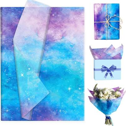 50 Sheets 20x14 Inch Pink-Blue Gradient Tissue Paper Bulk, Pastel Turquoise Starry Sky Galaxy Gift Wrapping Tissue For Baby Shower, Birthday, Wedding, Christmas, DIY Gift Packaging, Bouquet Wrapping