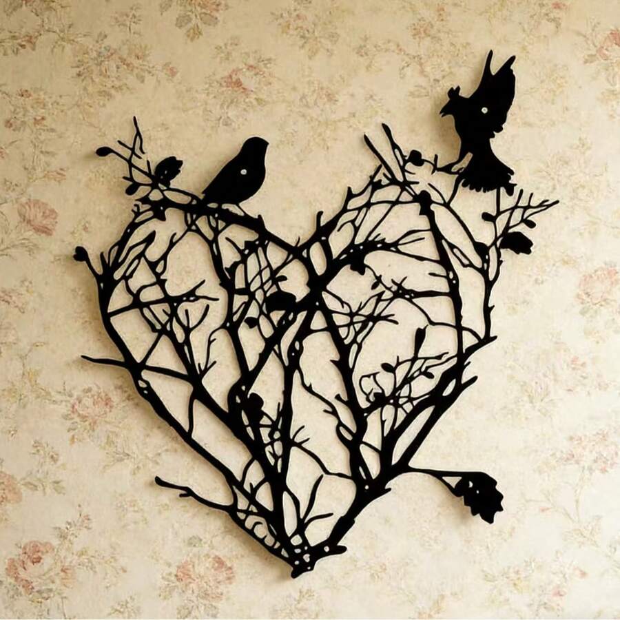 1pc Life Tree Heart & Bird Metal Wall Art Decor, Decorative Sculpture, Farmhouse Kitchen Decor, Living Room Office Home Decoration, Outdoor Porch Deck Wall Sign, Metal Art Piece - Black - View 1