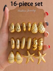 4/6/16 Pcs/Set Fashion Gold Starfish, Smooth Water Drop, Vertical Striped Water Drop C-Shaped Earring Set, Suitable For Summer Travel And Daily Vacation Wear - Gold - View 7