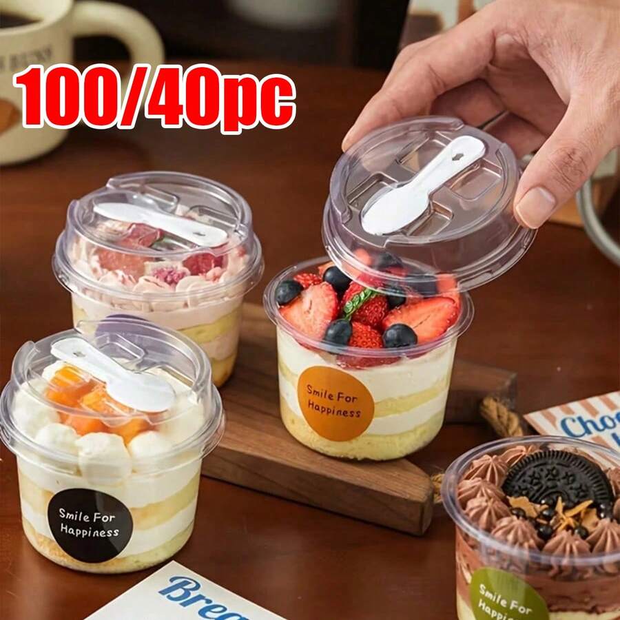 100pc/40pc Round Pudding Cups, Reusable Party Cups, Lids With Spoons, Novelty Mugs, Transparent Mousse Cake Boxes, Yogurt Cups, Suitable For Mousse Cakes, Puddings, Snacks, Fruits, Ice Cream, Yogurt Salads, Perfect For Christmas, Birthdays, Weddings And All Kinds Of Events. - 透明 - 查看 1