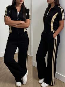 女士两件套休闲通勤套装，拉链短袖上衣搭配松紧腰带口袋直筒裤，春夏黑色 - 黑色 - 查看 2