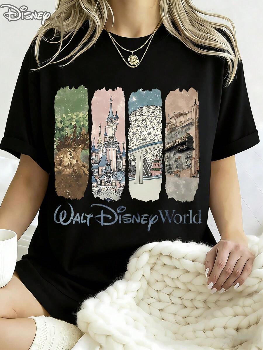 Including Disney Fashion Prints, Summer T-Shirts, Walt Disney World Prints, Suitable For Daily Wear, Easy To Wear In Summer, Micro-Elastic, Soft Round Neck Casual Everyday Tops, Including Disney Fashion Prints, Round Neck Summer Sweatshirts, For Both Men And Women, Holiday Gifts. - 黑色 - 查看 1