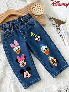 Officially Licensed Disney Brand, Baby And Toddler Jeans,Disney Characters Headshots Cute Patterned Print, Spring And Summer Long Pants, Children's Denim Pants, Cute And Casual Versatile Pants - 中等水洗藍 - 查看 1