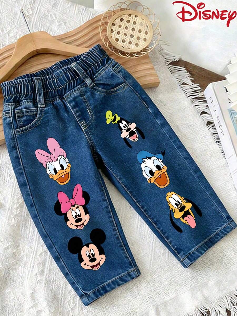 Officially Licensed Disney Brand, Baby And Toddler Jeans,Disney Characters Headshots Cute Patterned Print, Spring And Summer Long Pants, Children's Denim Pants, Cute And Casual Versatile Pants - 中等水洗藍 - 查看 1