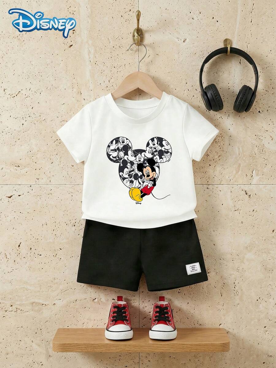 Disney Summer Baby Boy Casual Mickey Mouse Cute Print Short Sleeve T-Shirt And Shorts Set, Cartoon Pattern With Stretch, Suitable For Children's Daily Wear, Great Gift - White - View 1
