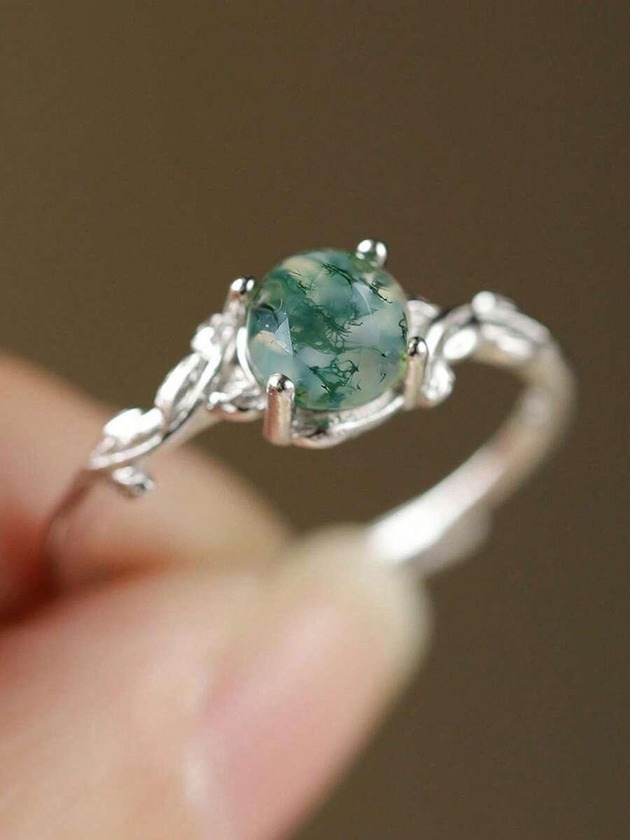 1枚可调节天然苔藓玛瑙戒指，欧式四爪镶嵌设计，奢华海洋风珠宝，适合作为礼物送给女友、闺蜜，也适合情人节、母亲节以及日常佩戴。 - 銀色 - 查看 1