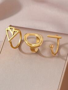 3枚18K镀金304不锈钢不对称椭圆形几何戒指，适合女性日常佩戴或作为礼物 - 金色 - 查看 11