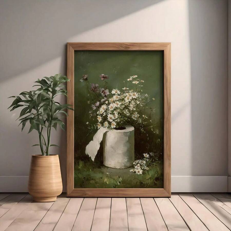 1 件无框墙饰,柔和绿色花卉厕纸瓶图案墙面装饰画 - 复古植物海报,非常适合浴室、洗手间、乔迁新居等场合。 - 5 - 查看 1