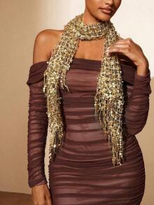 Golden Sparkle Fringe Scarf Party,School - 金子 - 查看 2