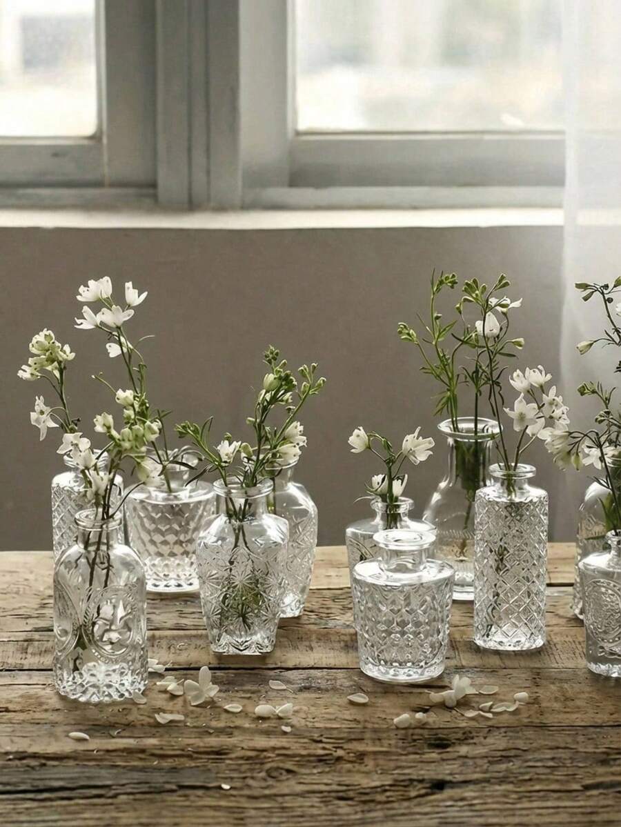 10pcs/1set Bohemian Glass Vase Set | Rustic Wedding Mini Vases, Home & Dining Table Decor, Christmas Decorative Bottles, Small Vintage Glass Bud Vases, Bulk Clear Bud Vases, Diffuser Bottles, Centerpiece Decor, Cute Transparent Bud Vases For Home Flowers Wedding Decor Home Decor Room Decor Flower Vase