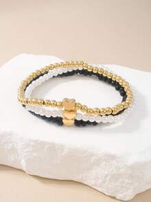 Bộ 3 vòng tay ngọc trai hạt gạo tối giản, thiết kế hình trái tim dành cho nữ, nhẹ nhàng và thanh lịch, phù hợp để đeo hàng ngày, dự lễ hội âm nhạc, làm quà tặng ngày Valentine. - Nhiều màu - Xem 3