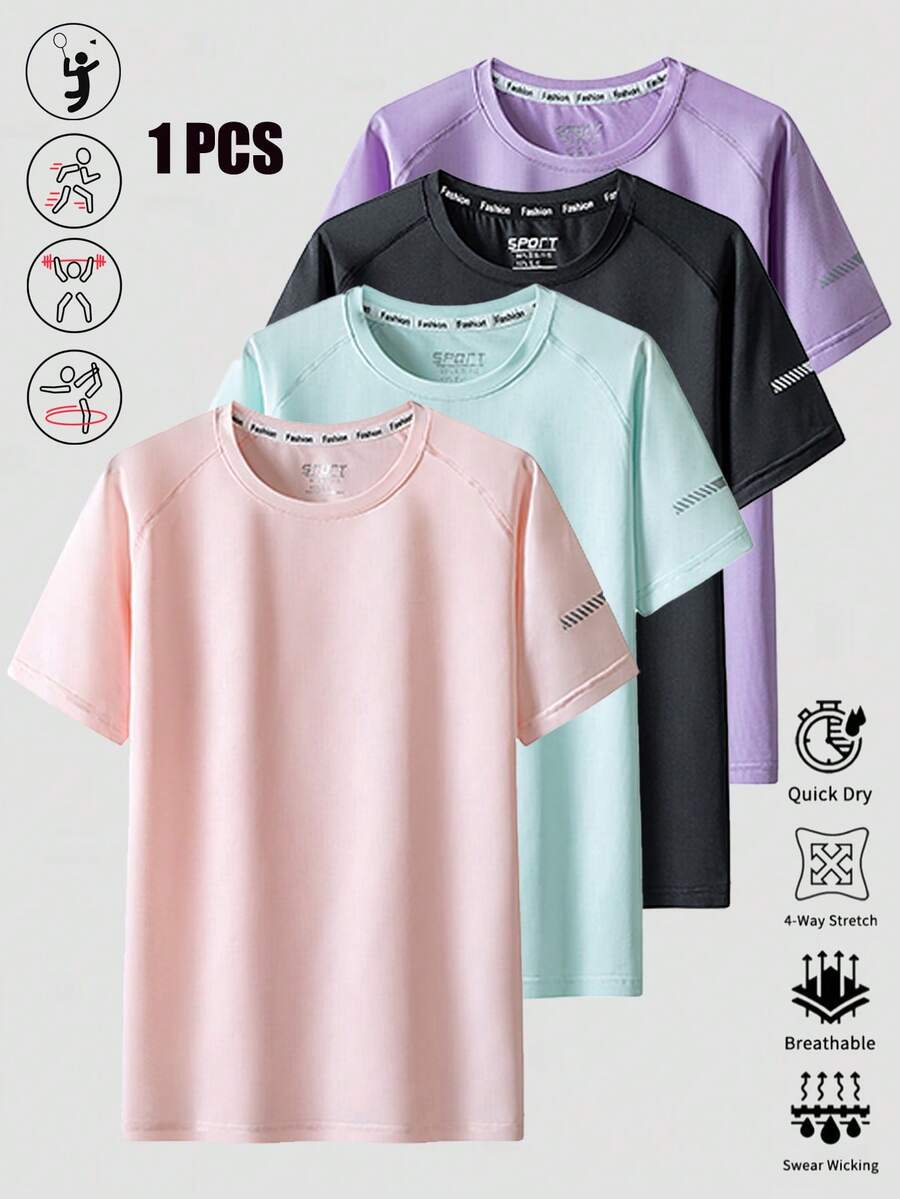 T-shirt de sport pour femmes, en tissu mélangé de polyester élastique léger, convenant au printemps et à l'été, avec une haute solidité des couleurs, un t-shirt décontracté de base à manches courtes. T-shirt de sport à séchage rapide et élastique à col rond pour l'été, convenant à l'entraînement de fitness, l'exercice, la course et la salle de gym comme Top de sport de base. Rose - Rose bonbon - Voir 1