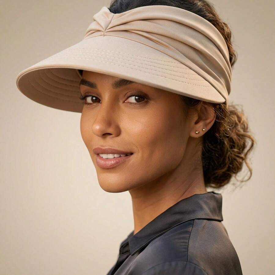 Women's Wide Brim Turban Visor With UV50+ Protection, Beach, Pool, Foldable, Adjustable, Summer - Apricot - View 1