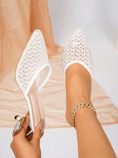 女士高跟露趾凉鞋，优雅镂空网眼设计，尖头，撞色拼接，涤纶褶皱饰边，适合婚礼、派对、办公、春秋季穿着。