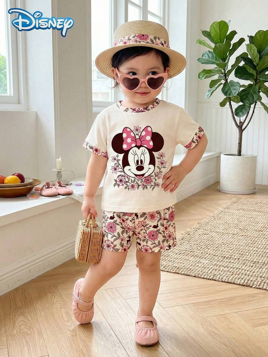 Disney Summer 2pcs Baby Girls Cute Minnie Mouse Ditsy Floral Short Sleeve T-Shirt And Shorts Set, Casual Baby Girl Daily Basic Letter Print Knit Round Neck Tee And Elastic Waist Pants, Outdoor Holiday Outfit - Pink - View 1