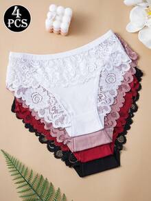 4条装优雅棉质蕾丝三角裤 - 荷叶边设计，柔软舒适，不透明且完全包裹，可手洗，浪漫基础款内衣 - 彩色 - 查看 2