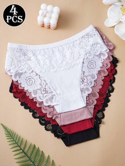 4条装优雅棉质蕾丝三角裤 - 荷叶边设计，柔软舒适，不透明且完全包裹，可手洗，浪漫基础款内衣
