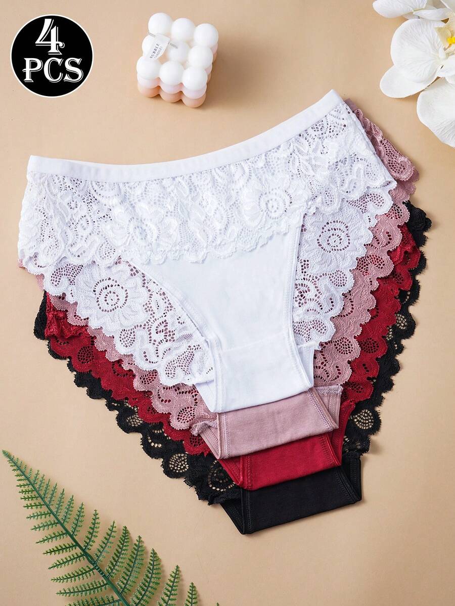 4条装优雅棉质蕾丝三角裤 - 荷叶边设计，柔软舒适，不透明且完全包裹，可手洗，浪漫基础款内衣