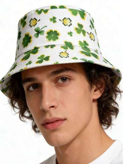 1pc Unisex Printed Fashionable Multifunctional Sun-Shading Bucket Hat, With Clover Theme, Suitable For Outdoor Leisure Travel