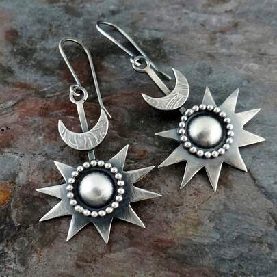 1 Pair Vintage Star, Moon And Sun Shaped Bohemian Style Smooth Metal Earrings, Suitable For Daily Commute, Music Festival, Travel, Street Style, Vacation, Gothic Retro Personality Earrings For Women