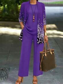 Plus Size Women's Fashionable Printed Elegant 3 Pieces Set Spring Summer - Purple - View 1