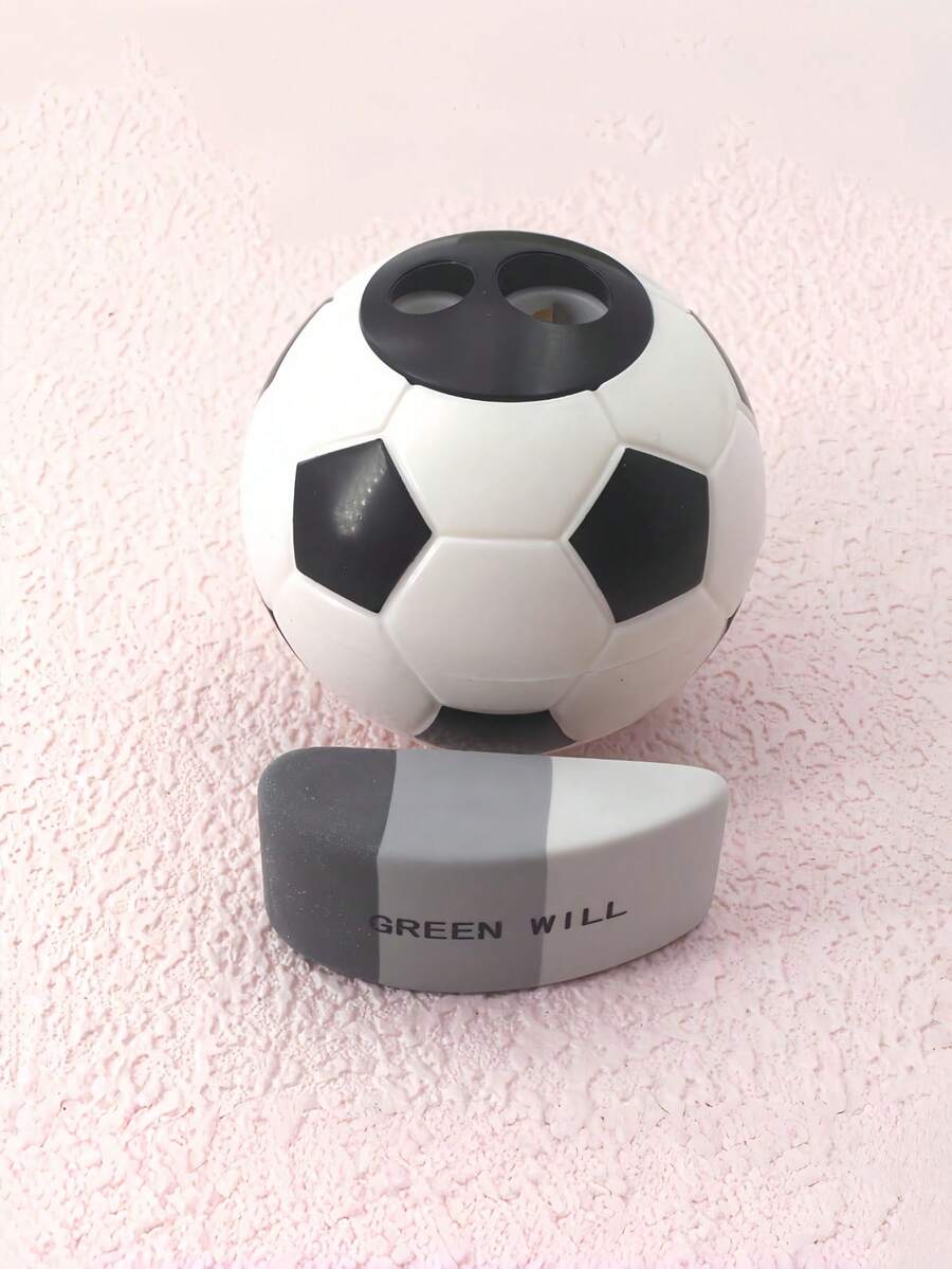 1pc Black & White Soccer Shaped Dual-Hole Pencil Sharpener, Pencil Sharpener And Eraser Set, Suitable For School And Soccer Fans - Football. - View 1